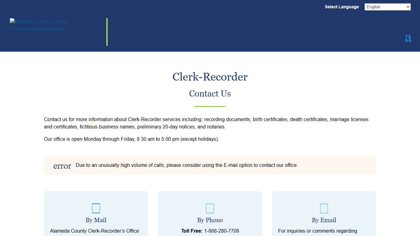 Contact Us Clerk-Recorder Alameda County Alameda County Auditor-Controller/Clerk-Recorder