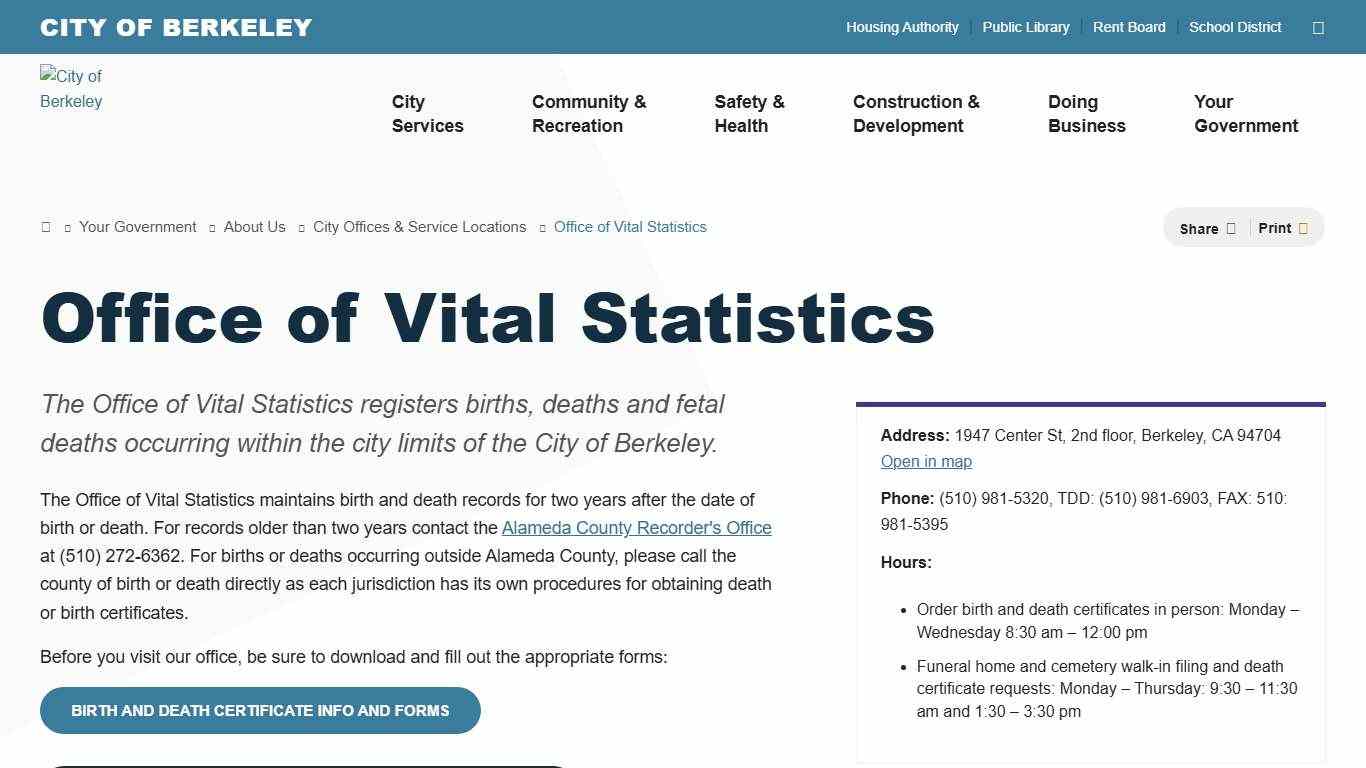 Office of Vital Statistics City of Berkeley